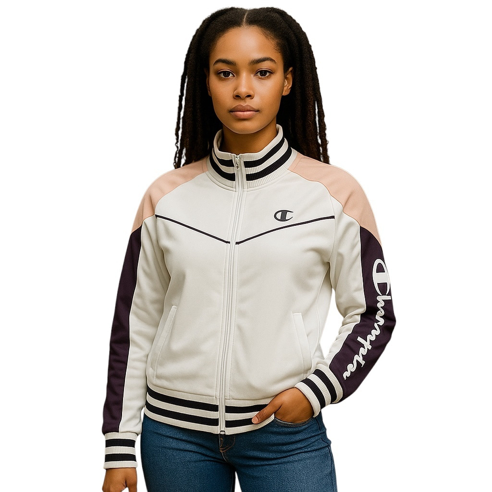 Champion Ivory Blush Pink Burgundy Tricot Track Jacket Retro Front Zip SMALL